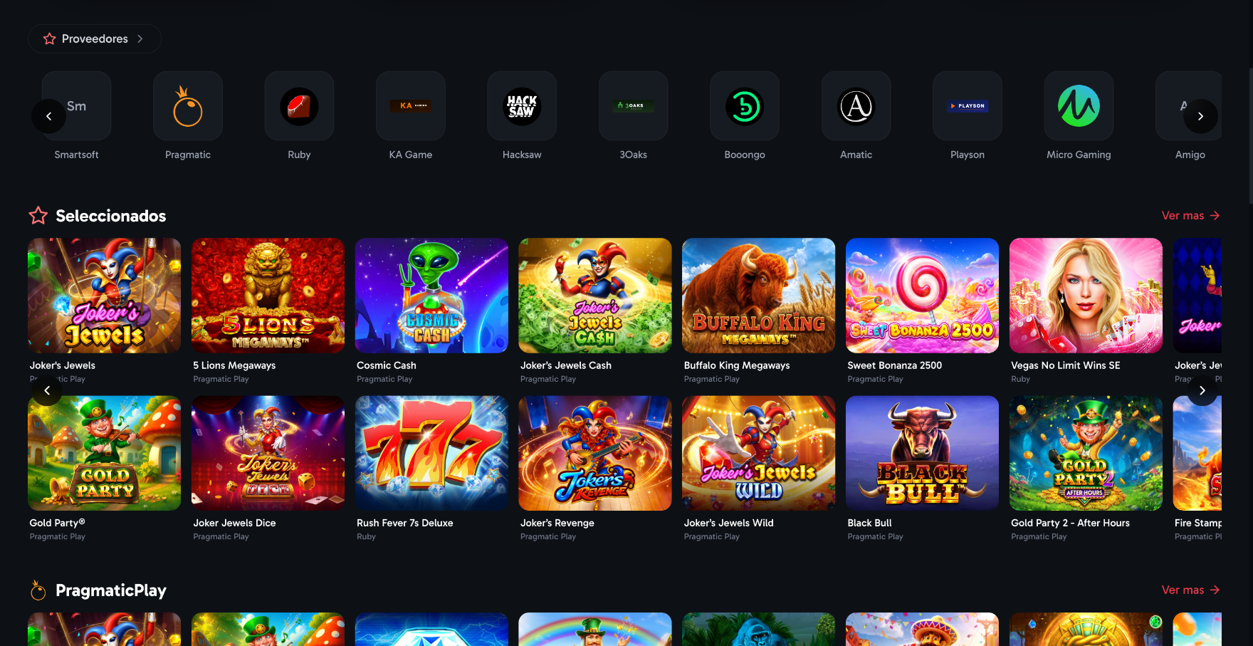 Lobby de slots con proveedores y juegos destacados