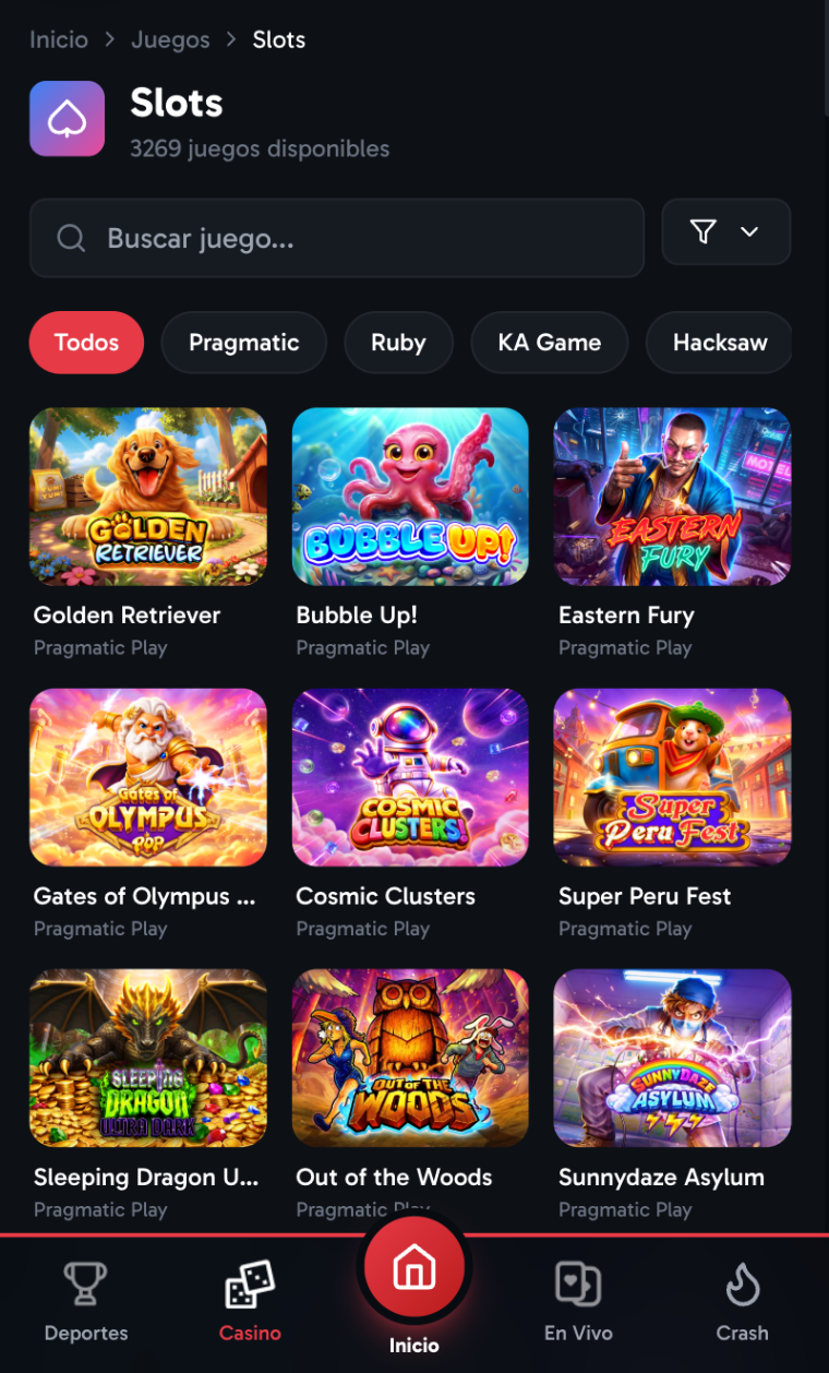 Catálogo de slots en la app mobile